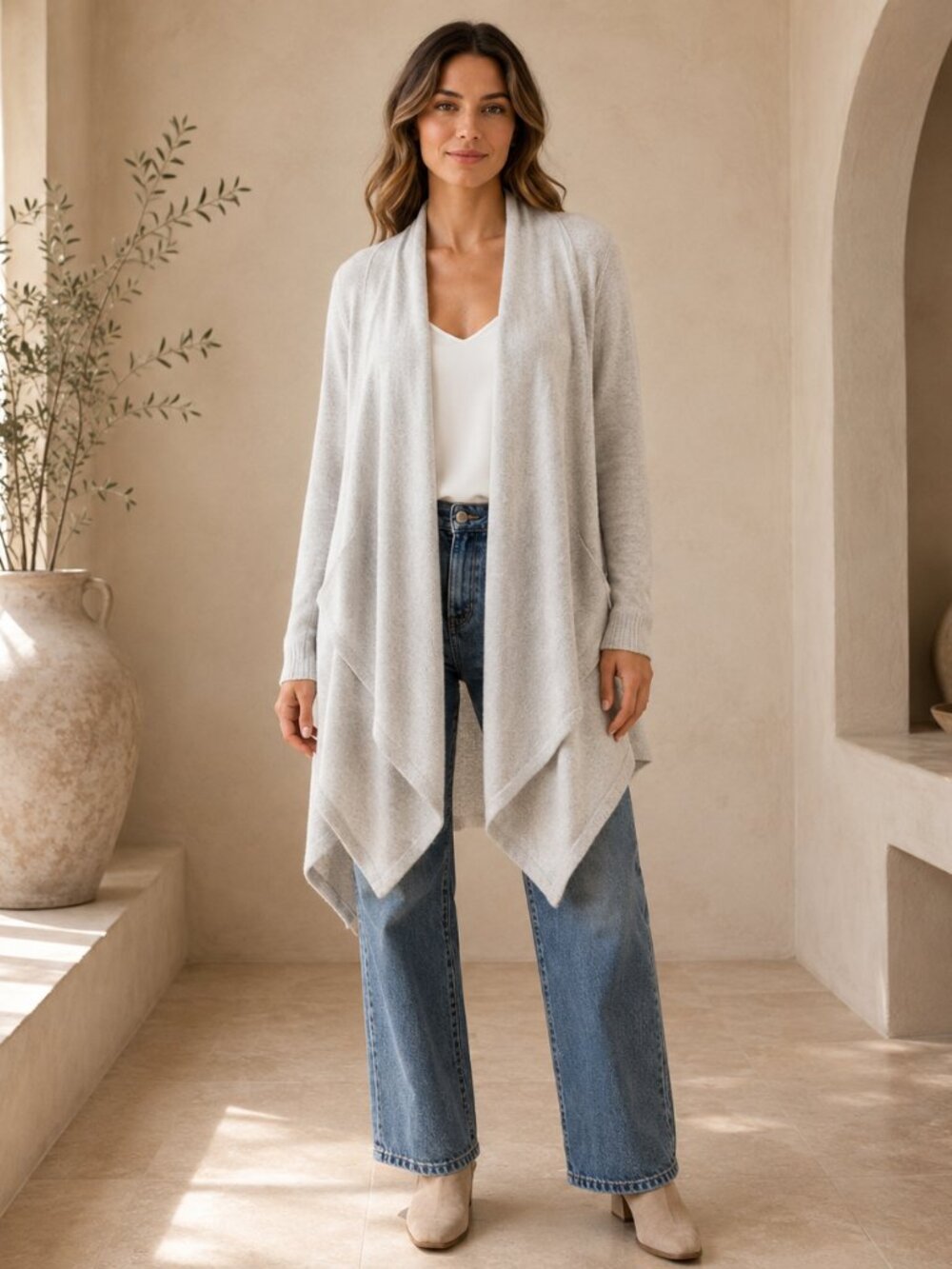 Barefoot Dreams CozyChic Lite Cardigan Womens L XL Stone Waterfall Pockets